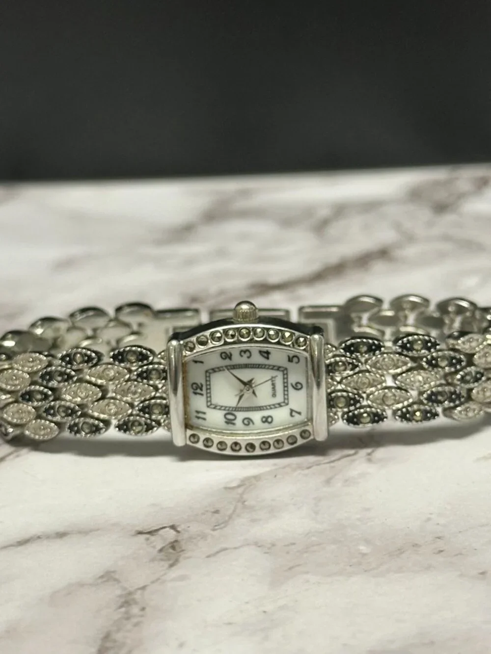 M. Z. Berger Marcasite Watch Silver Tone White Dial Ornate New Battery 7 inch